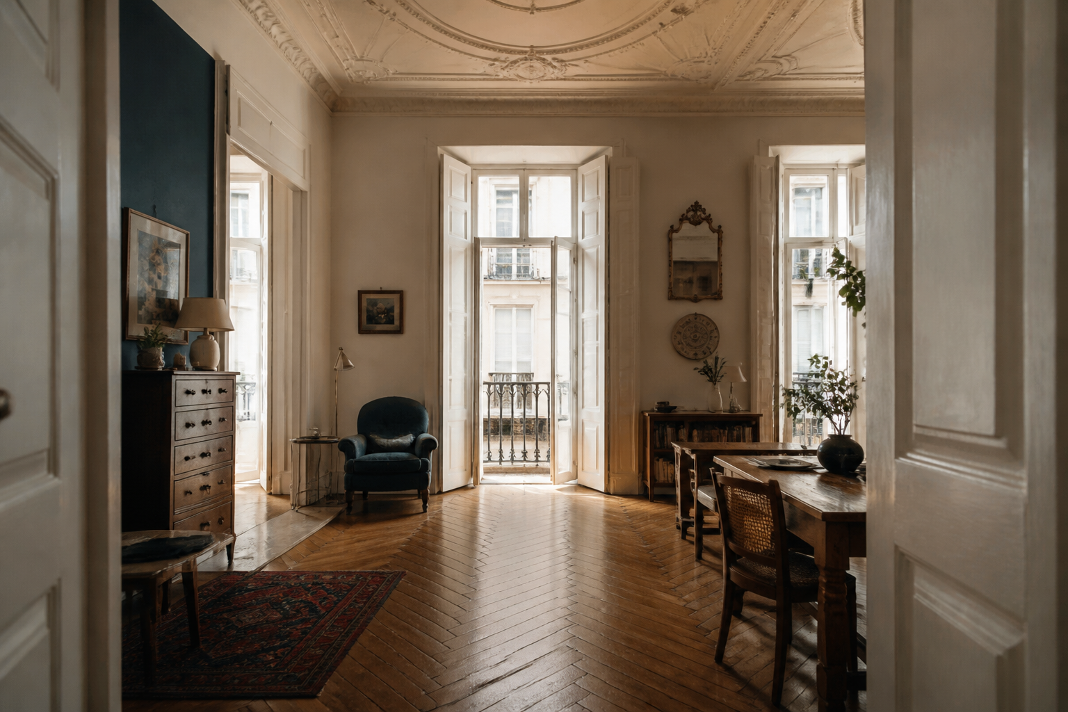 Interior luminoso de uma casa lisboeta com elementos históricos
